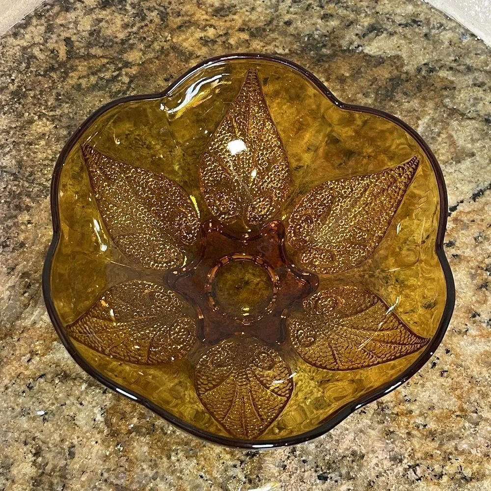Anchor Hocking Dish Bowl 6.5x3 Inch Amber Glass Renaissance Flower Bloom Pattern